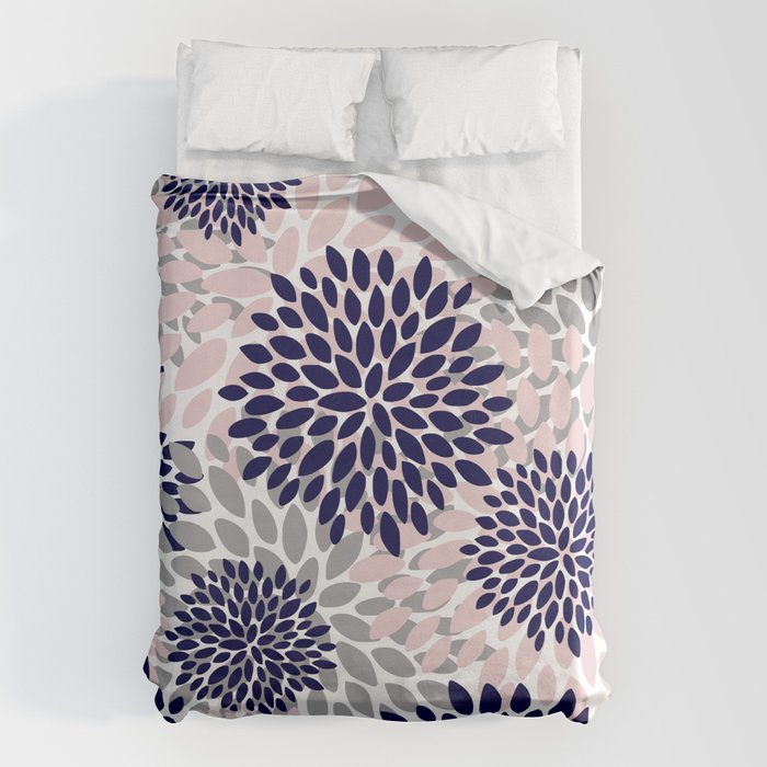 Abstract, Floral Prints, Navy Blue, Grey and Pink Duvet Cover Gallery Image 6