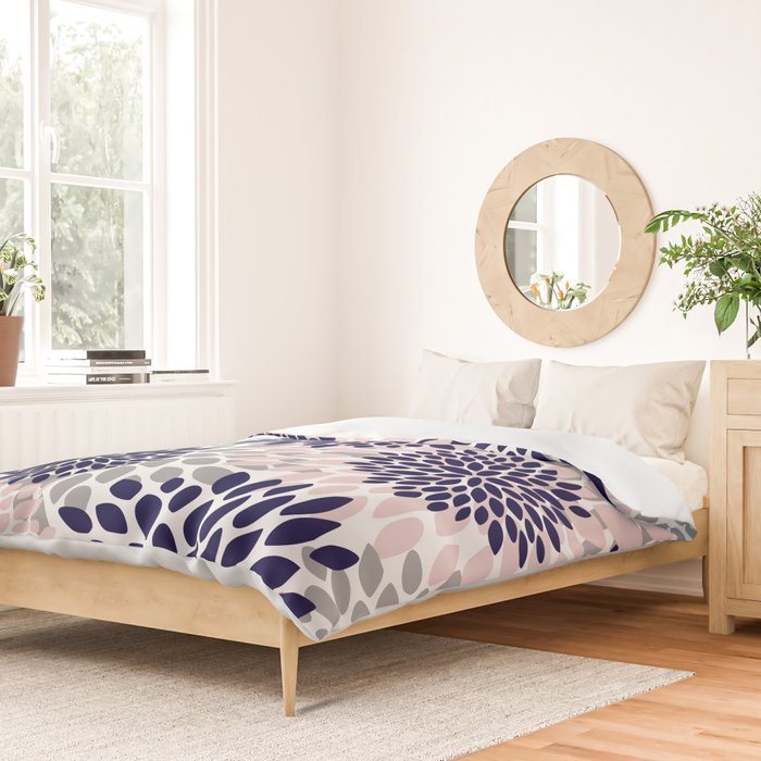 Abstract, Floral Prints, Navy Blue, Grey and Pink Duvet Cover Gallery Image 2