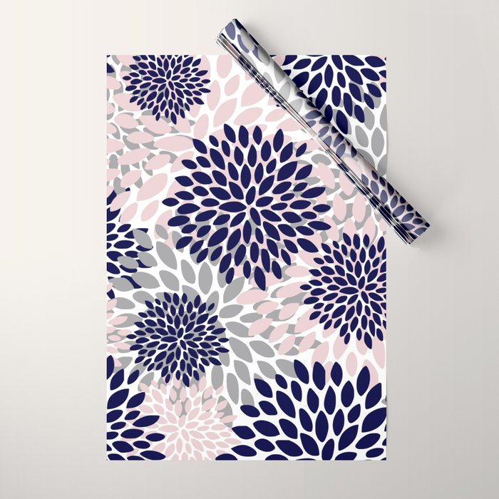 Abstract, Floral Prints, Navy Blue, Grey and Pink Wrapping Paper Gallery Image 1
