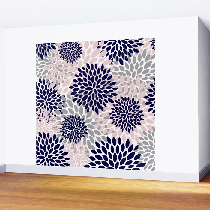 Abstract, Floral Prints, Navy Blue, Grey and Pink Wall Mural Gallery Image 2