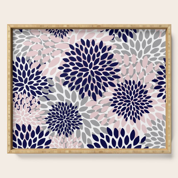 Abstract, Floral Prints, Navy Blue, Grey and Pink Serving Tray Gallery Image 1