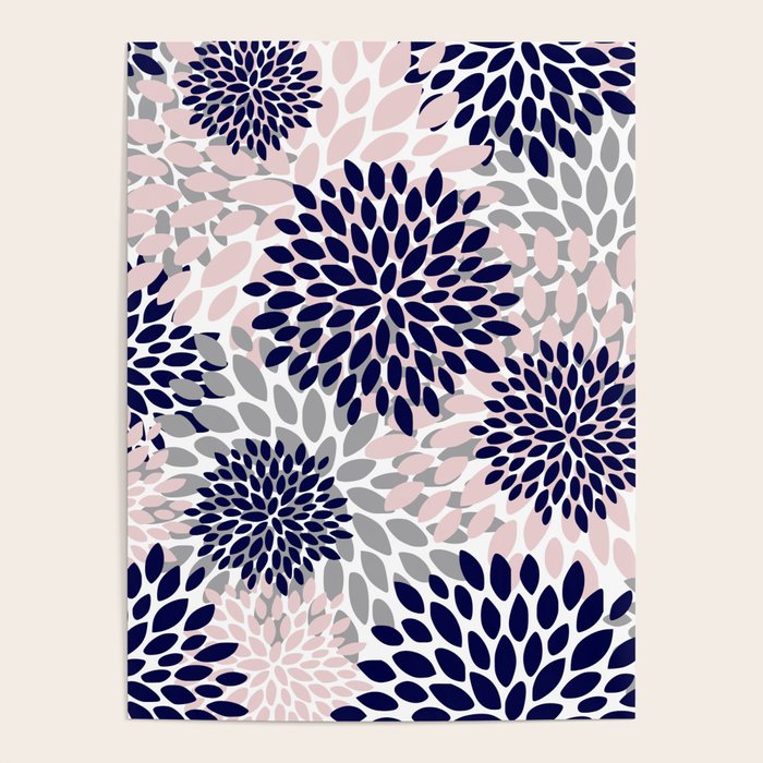 Abstract, Floral Prints, Navy Blue, Grey and Pink Poster Gallery Image 1