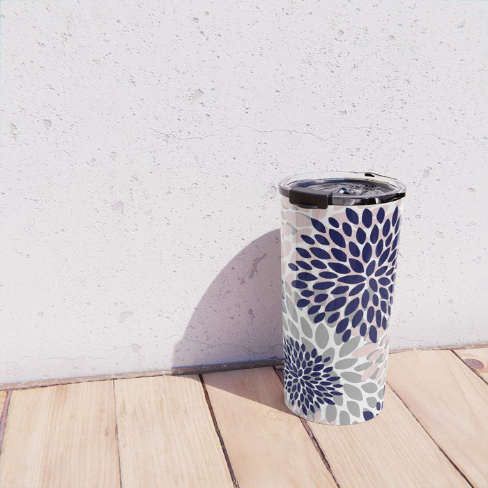 Abstract, Floral Prints, Navy Blue, Grey and Pink Travel Mug Gallery Image 4