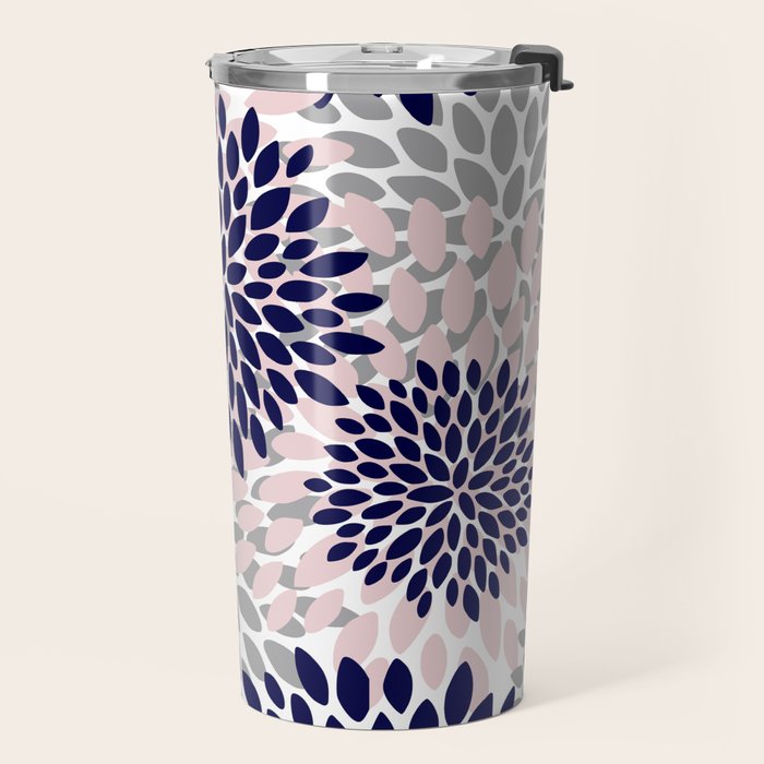 Abstract, Floral Prints, Navy Blue, Grey and Pink Travel Mug Gallery Image 2