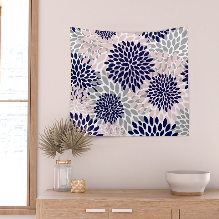 Abstract, Floral Prints, Navy Blue, Grey and Pink Wall Tapestry Gallery Image 2