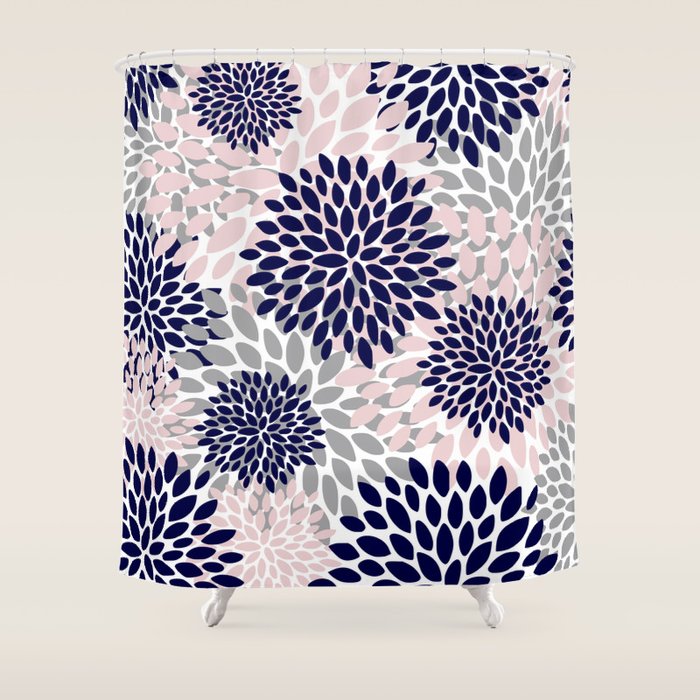 Abstract, Floral Prints, Navy Blue, Grey and Pink Shower Curtain Gallery Image 1