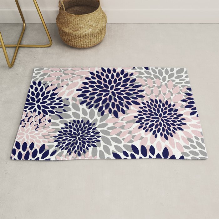 Abstract, Floral Prints, Navy Blue, Grey and Pink Rug Gallery Image 1