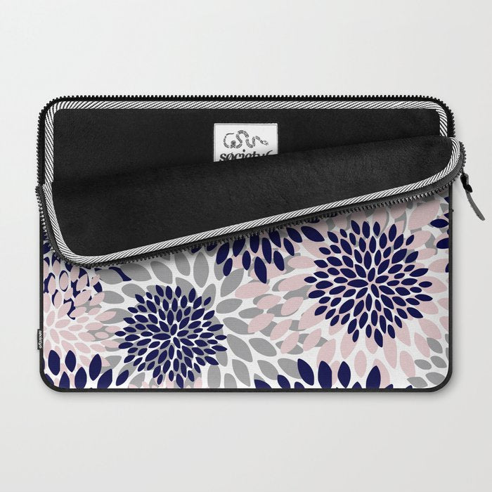 Abstract, Floral Prints, Navy Blue, Grey and Pink Laptop Sleeve Gallery Image 2