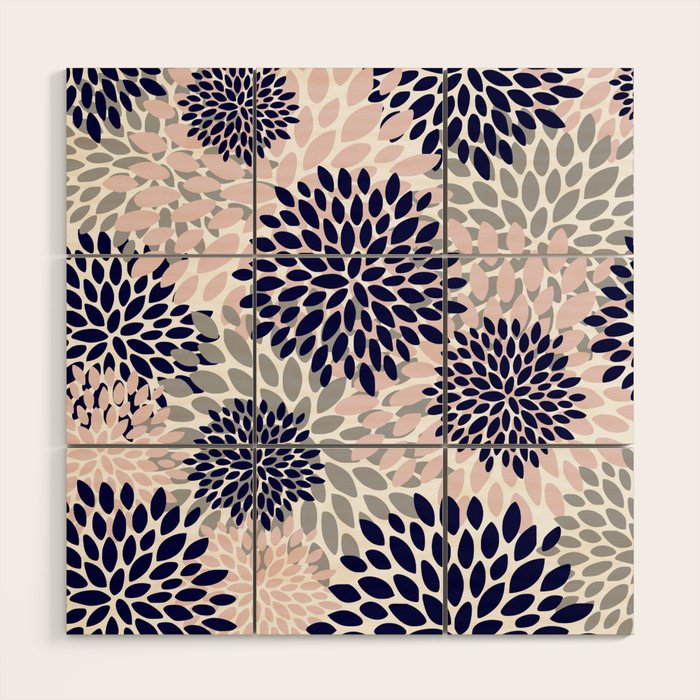 Abstract, Floral Prints, Navy Blue, Grey and Pink Wood Wall Art Gallery Image 1