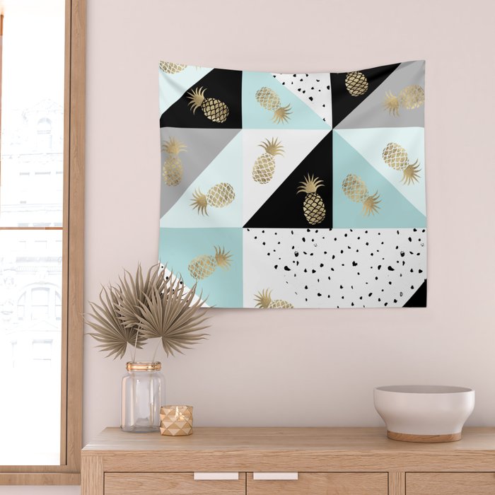 Pastel color block watercolor dots faux gold pineapple Wall Tapestry Gallery Image 2