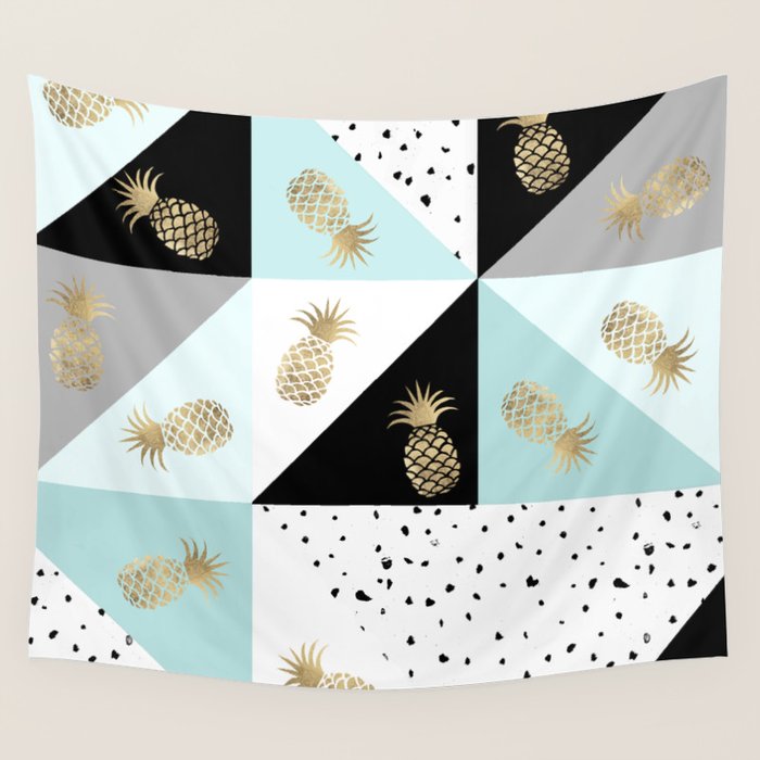Pastel color block watercolor dots faux gold pineapple Wall Tapestry Gallery Image 1