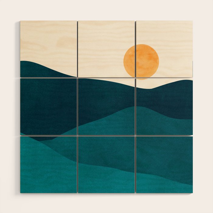Teal Mountains Minimal Landscape Wood Wall Art Gallery Image 1