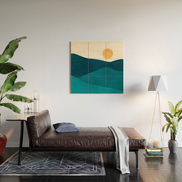 Teal Mountains Minimal Landscape Wood Wall Art Gallery Image 2
