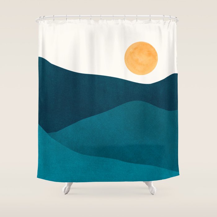 Teal Mountains Minimal Landscape Shower Curtain Gallery Image 1