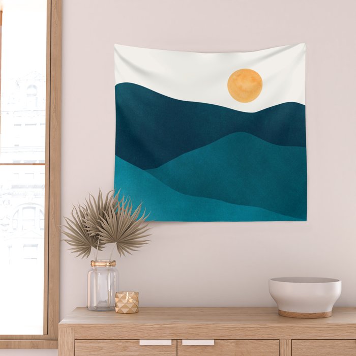 Teal Mountains Minimal Landscape Wall Tapestry Gallery Image 2