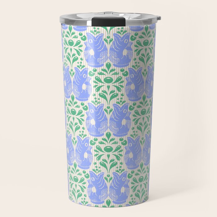Retro Gurgle Fish Vases On Stripes - Blue And Teal Travel Mug Gallery Image 1