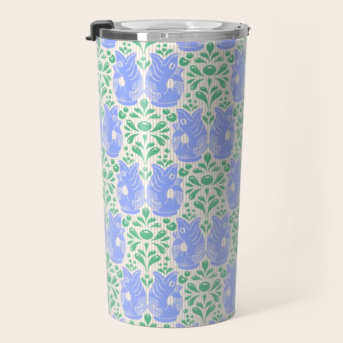 Retro Gurgle Fish Vases On Stripes - Blue And Teal Travel Mug Gallery Image 3