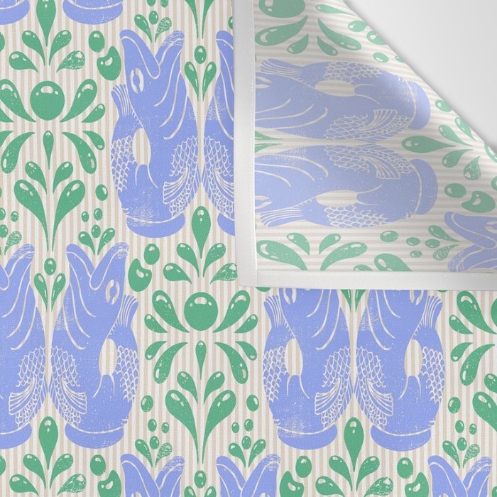 Retro Gurgle Fish Vases On Stripes - Blue And Teal Wall Tapestry Gallery Image 3