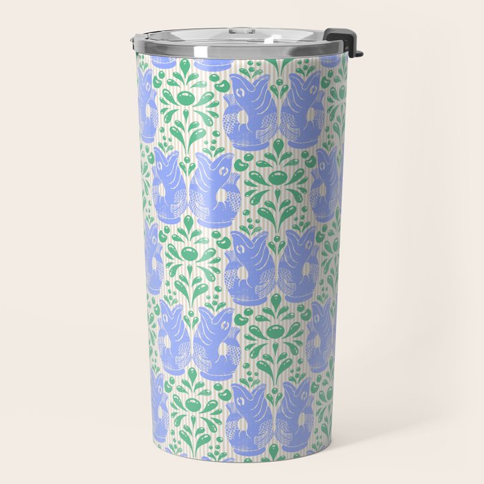 Retro Gurgle Fish Vases On Stripes - Blue And Teal Travel Mug Gallery Image 2