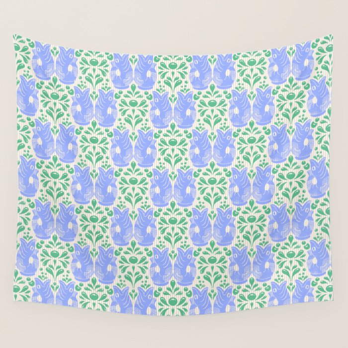 Retro Gurgle Fish Vases On Stripes - Blue And Teal Wall Tapestry Gallery Image 4