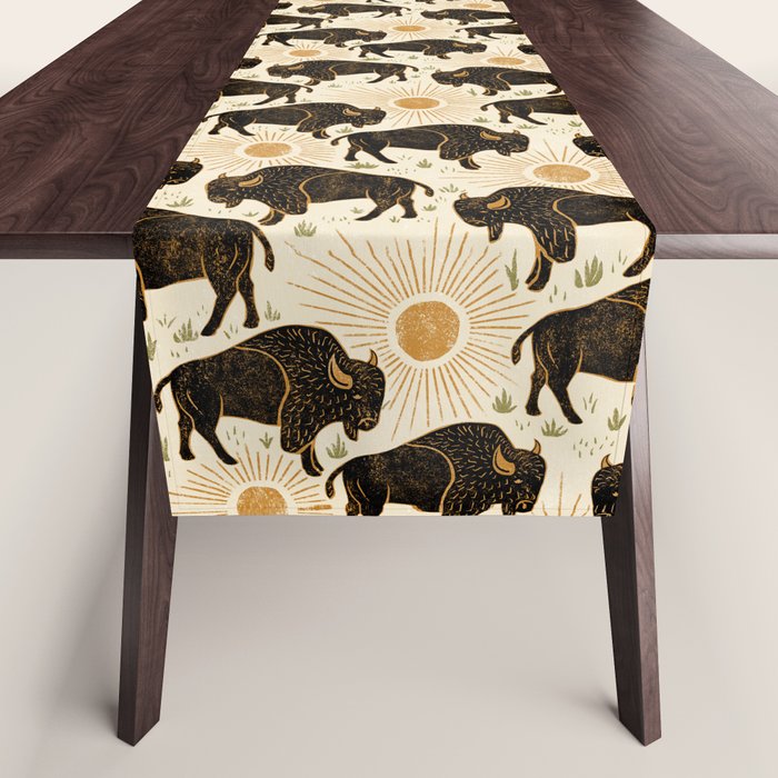 Bison - black, gold, moss green, and cream Table Runner Gallery Image 1