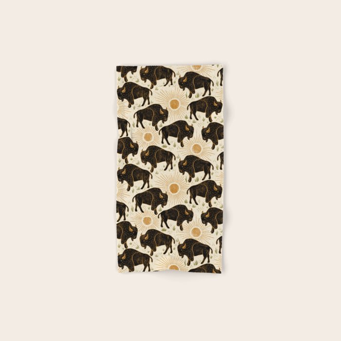 Bison - black, gold, moss green, and cream Bath Towel Gallery Image 1