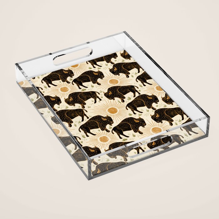 Bison - black, gold, moss green, and cream Acrylic Tray Gallery Image 1