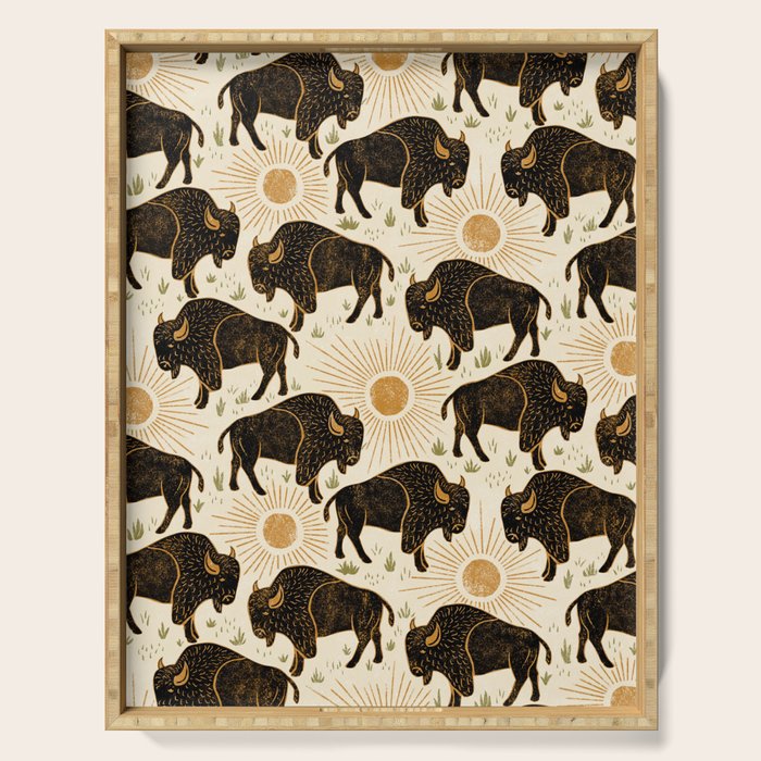 Bison - black, gold, moss green, and cream Serving Tray Gallery Image 1