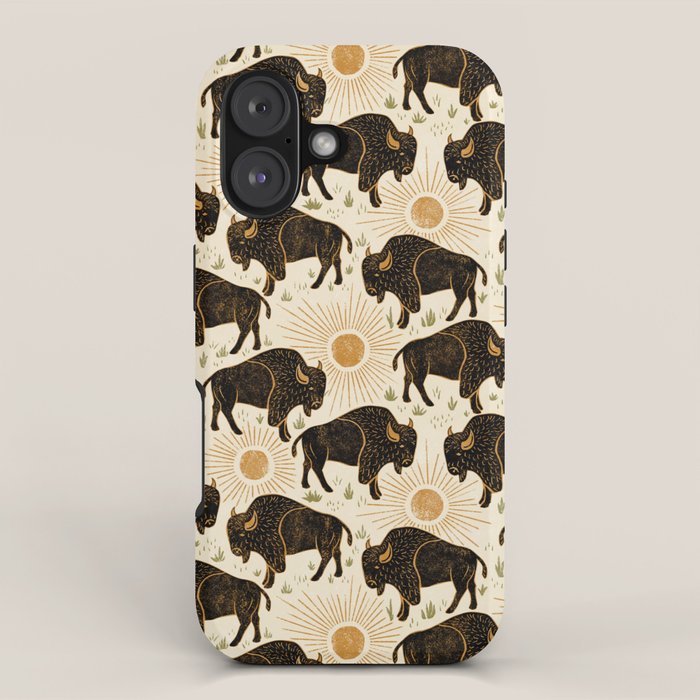 Bison - black, gold, moss green, and cream iPhone Case Gallery Image 1