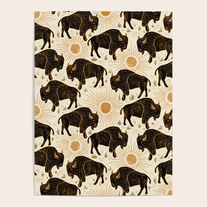Bison - black, gold, moss green, and cream Poster Gallery Image 4