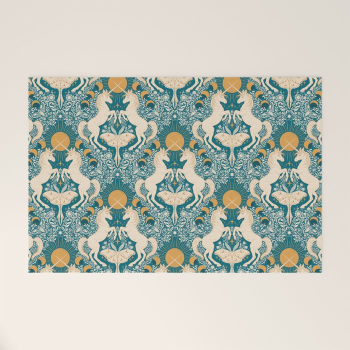 Celestial Unicorns In Turquoise and Gold Welcome Mat Gallery Image 1