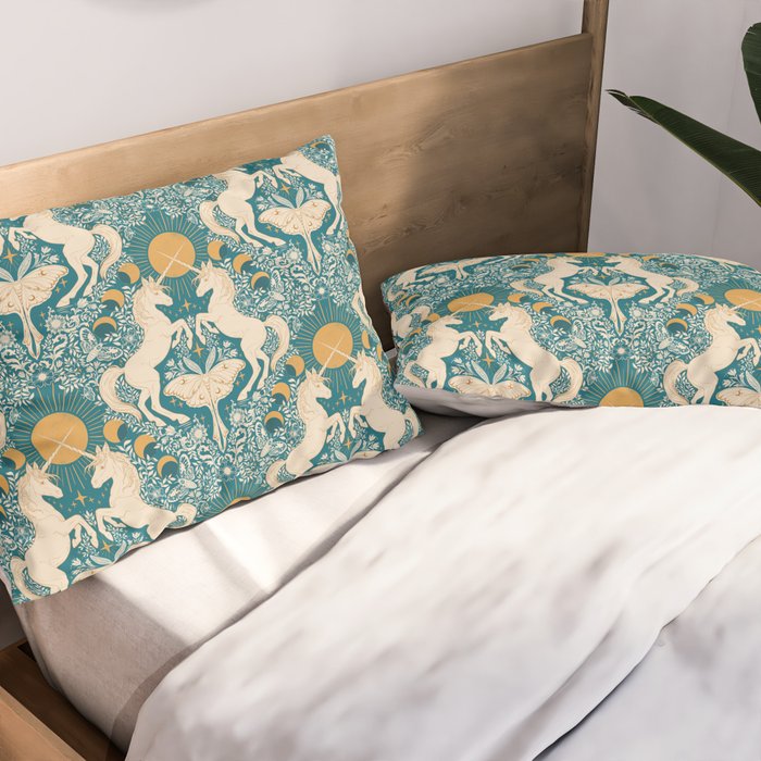 Celestial Unicorns In Turquoise and Gold Pillow Sham Gallery Image 2