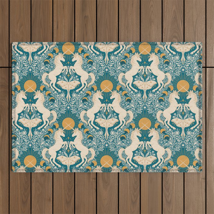 Celestial Unicorns In Turquoise and Gold Outdoor Rug Gallery Image 1