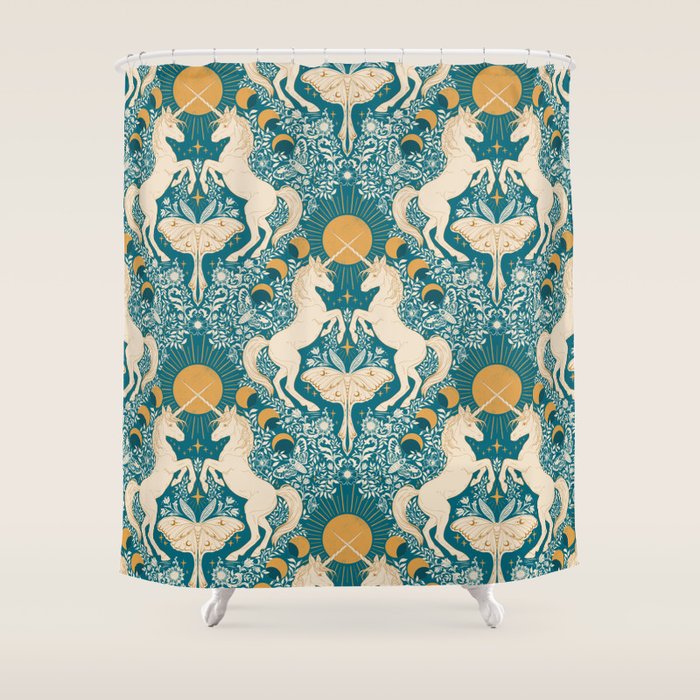 Celestial Unicorns In Turquoise and Gold Shower Curtain Gallery Image 1