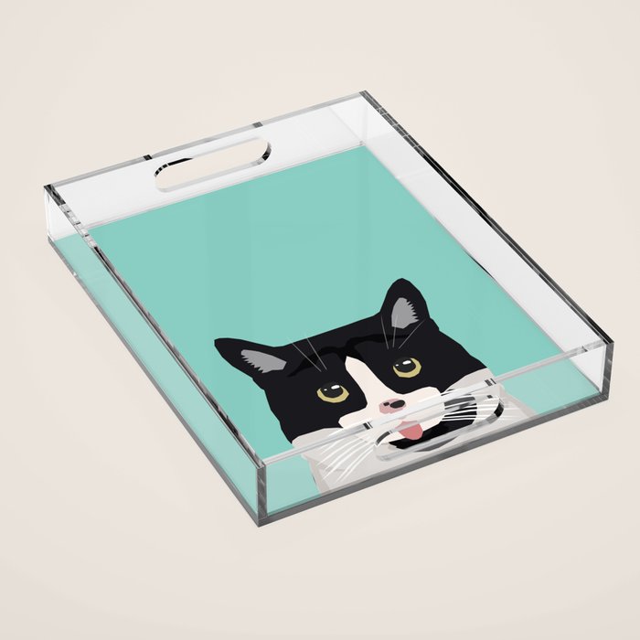 Black and White Cat - cat lady art, cat art, cats, black and white cat Acrylic Tray Gallery Image 1