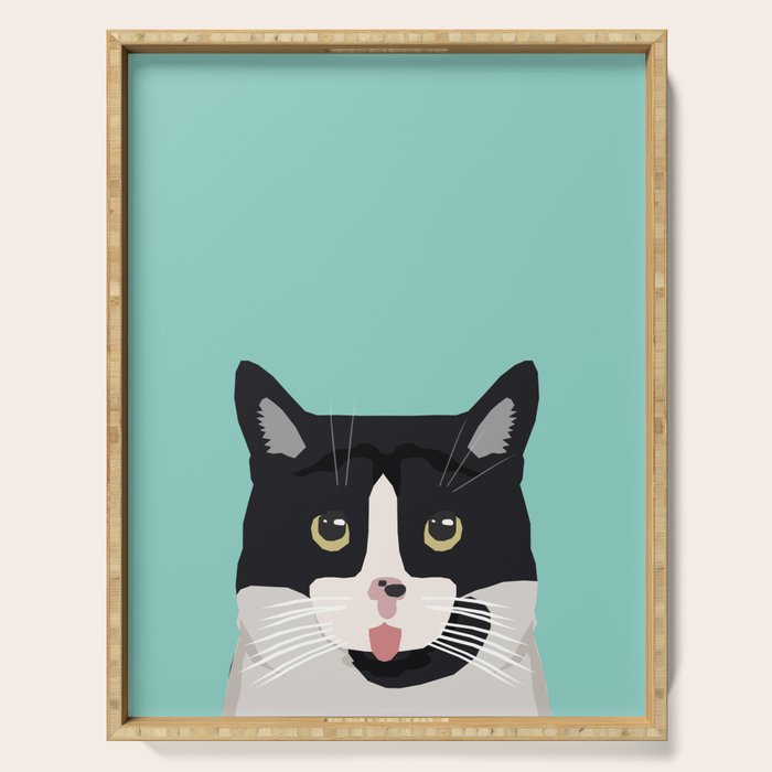 Black and White Cat - cat lady art, cat art, cats, black and white cat Serving Tray Gallery Image 1