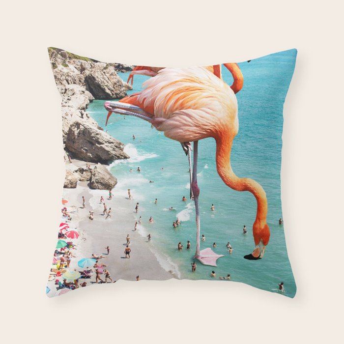 Flamingos on the Beach, Wildlife Surrealism Birds, Nature Flamingo Fantasy Beach Summer Photography Throw Pillow Gallery Image 6