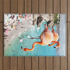 Flamingos on the Beach, Wildlife Surrealism Birds, Nature Flamingo Fantasy Beach Summer Photography Outdoor Rug Gallery Image 1
