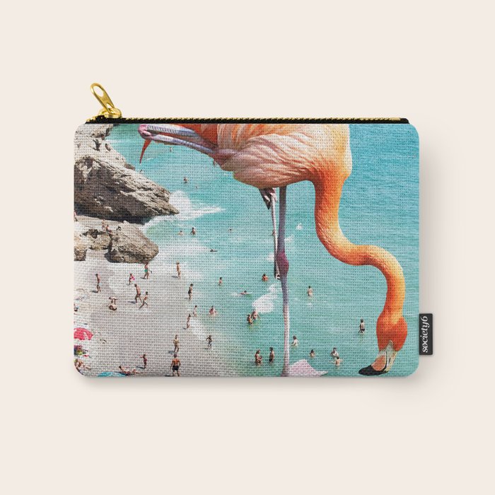 Flamingos on the Beach, Wildlife Surrealism Birds, Nature Flamingo Fantasy Beach Summer Photography Carry All Pouch Gallery Image 1