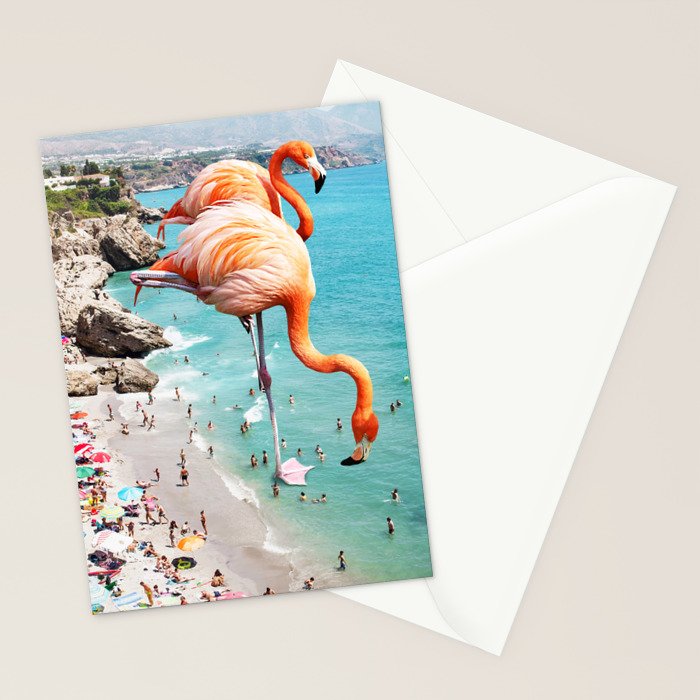 Flamingos on the Beach, Wildlife Surrealism Birds, Nature Flamingo Fantasy Beach Summer Photography Stationery Card Gallery Image 2