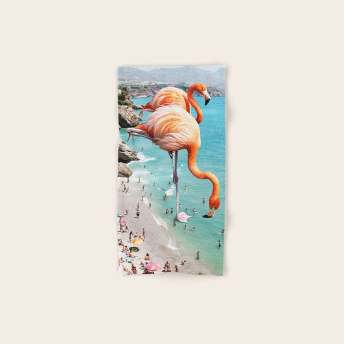 Flamingos on the Beach, Wildlife Surrealism Birds, Nature Flamingo Fantasy Beach Summer Photography Bath Towel Gallery Image 1