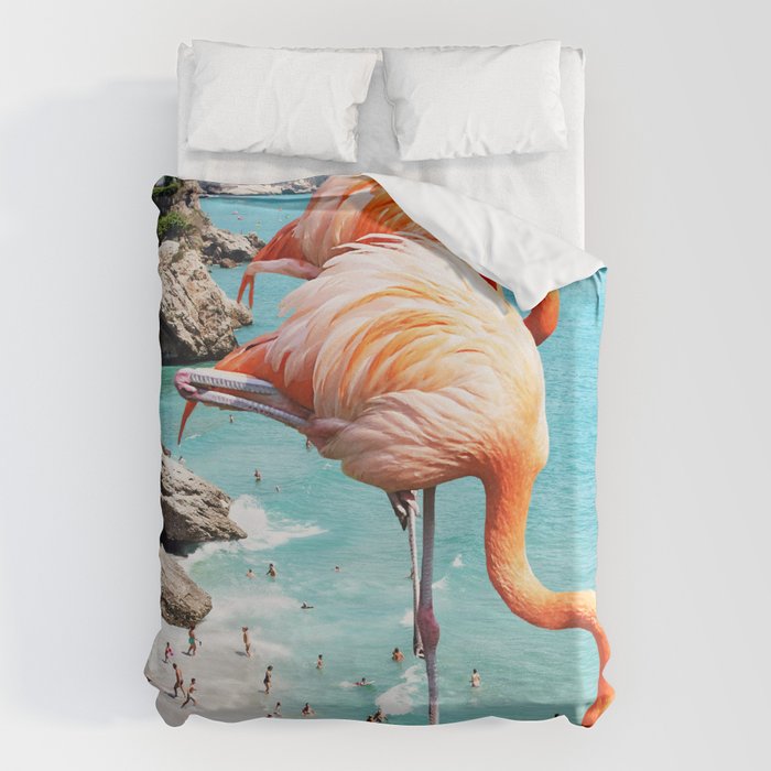 Flamingos on the Beach, Wildlife Surrealism Birds, Nature Flamingo Fantasy Beach Summer Photography Duvet Cover Gallery Image 6