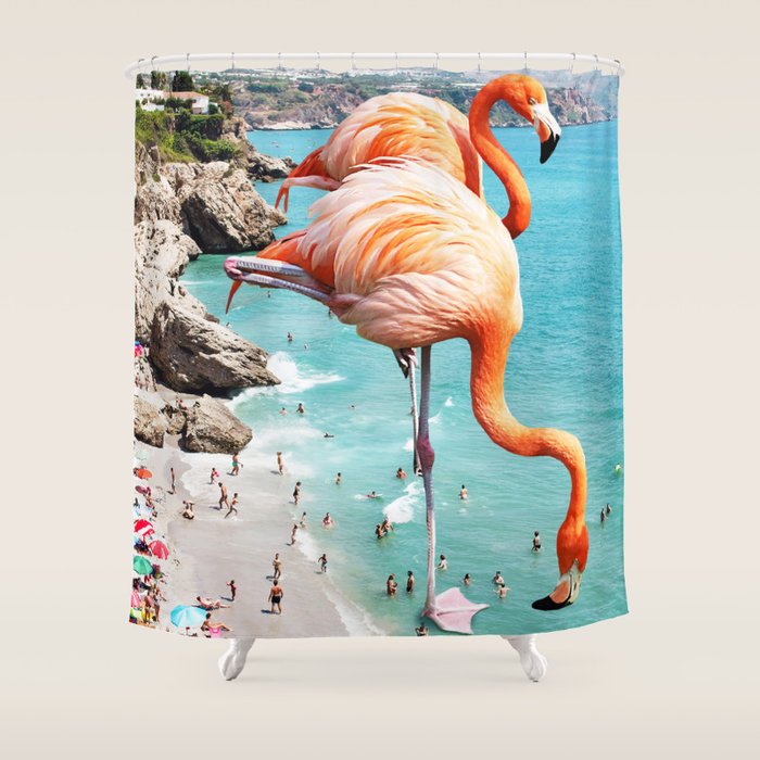 Flamingos on the Beach, Wildlife Surrealism Birds, Nature Flamingo Fantasy Beach Summer Photography Shower Curtain Gallery Image 1