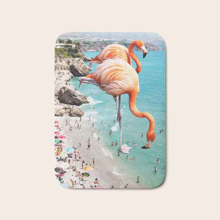 Flamingos on the Beach, Wildlife Surrealism Birds, Nature Flamingo Fantasy Beach Summer Photography Bath Mat Gallery Image 1