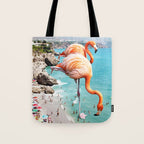 Flamingos on the Beach, Wildlife Surrealism Birds, Nature Flamingo Fantasy Beach Summer Photography Tote Bag Gallery Image 1