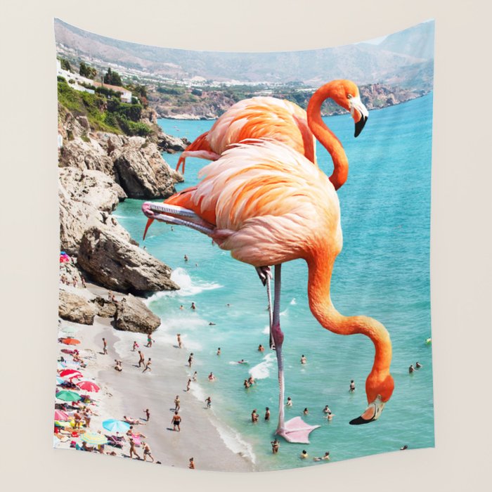 Flamingos on the Beach, Wildlife Surrealism Birds, Nature Flamingo Fantasy Beach Summer Photography Wall Tapestry Gallery Image 4