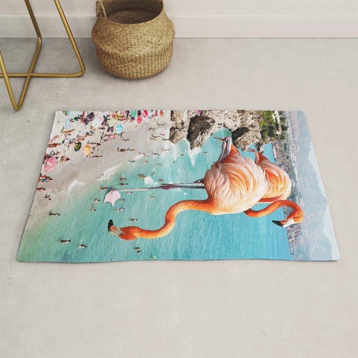 Flamingos on the Beach, Wildlife Surrealism Birds, Nature Flamingo Fantasy Beach Summer Photography Rug Gallery Image 1