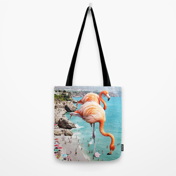 Flamingos on the Beach, Wildlife Surrealism Birds, Nature Flamingo Fantasy Beach Summer Photography Tote Bag Gallery Image 2