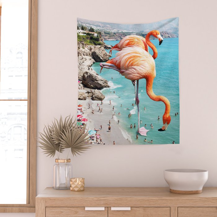 Flamingos on the Beach, Wildlife Surrealism Birds, Nature Flamingo Fantasy Beach Summer Photography Wall Tapestry Gallery Image 2