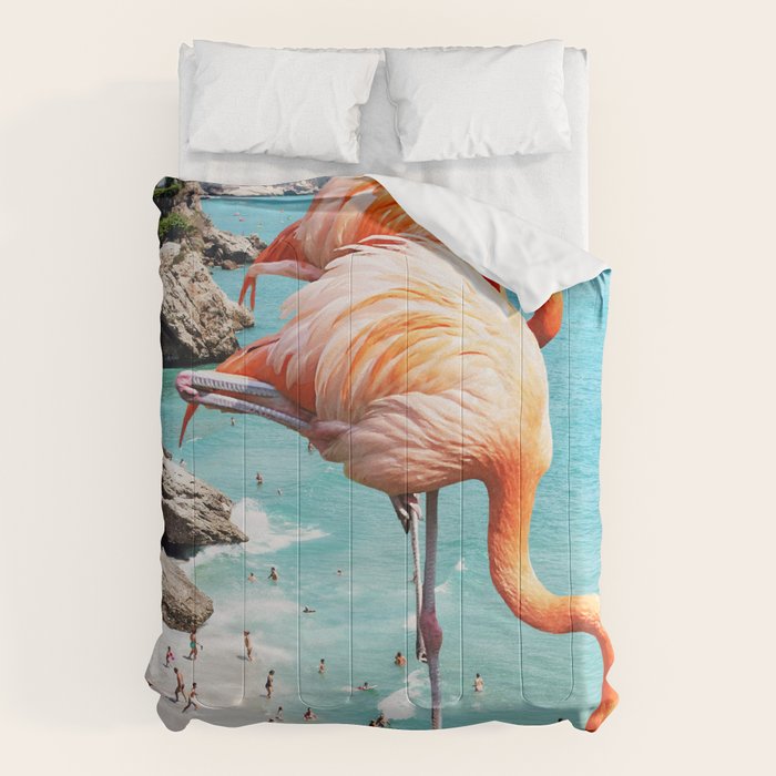 Flamingos on the Beach, Wildlife Surrealism Birds, Nature Flamingo Fantasy Beach Summer Photography Comforter Gallery Image 6